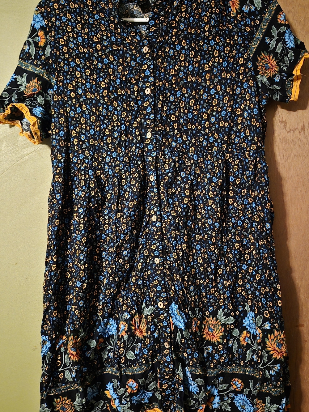 Black Floral Button-Front Girls' Casual Dress with Blue & Yellow Accents